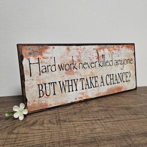 oblong shape tin metal sentiment sign mixed colour with distressed finish Hard Work Never Killed Anyone. Why Take A Chance
