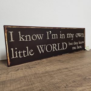 large metal sign I know I'm in my own little world but they know me here! brown distressed effect background and neutral colour text My Own Little world - Metal Sign