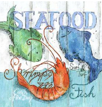 full packet x 20 3ply seafood paper napkins lunch size by Ambiente featuring an illustration of shrimp and fish on a white washed wooden background with seafood caption