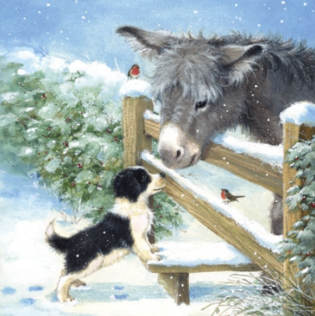 full packet x 20 3ply Say Hello paper napkins lunch size by Ambiente featuring a Wintry scene illustration of a donkey and dog