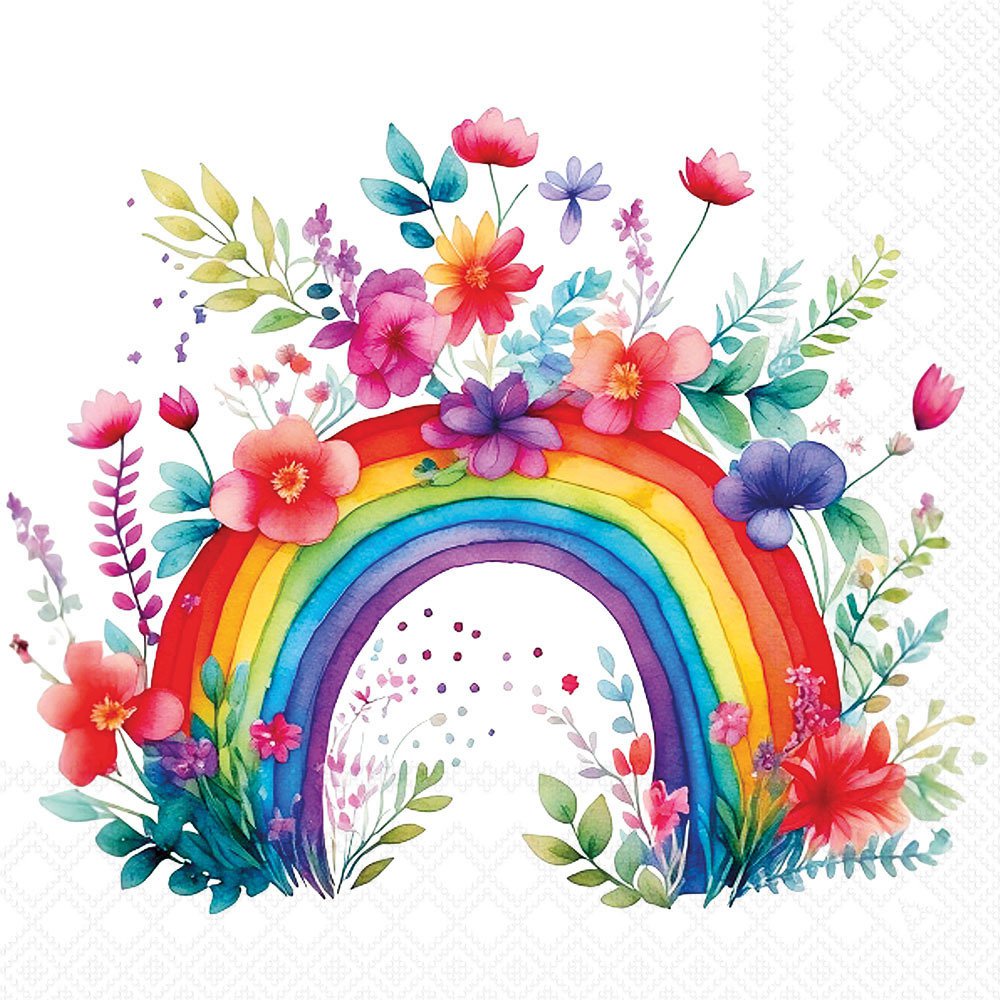 full packet x 20 3ply rainbow flowers paper napkins lunch size by Ambiente featuring an illustration of coloured flowers surrounding a rainbow on a white background